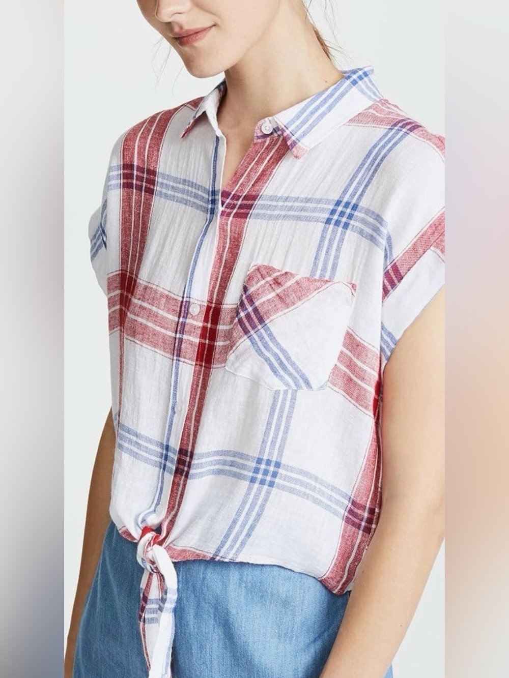 Rails Amelie Tie-Front Red/White/Blue Plaid Button-Down Blouse w Cuff Cap Sleeve
